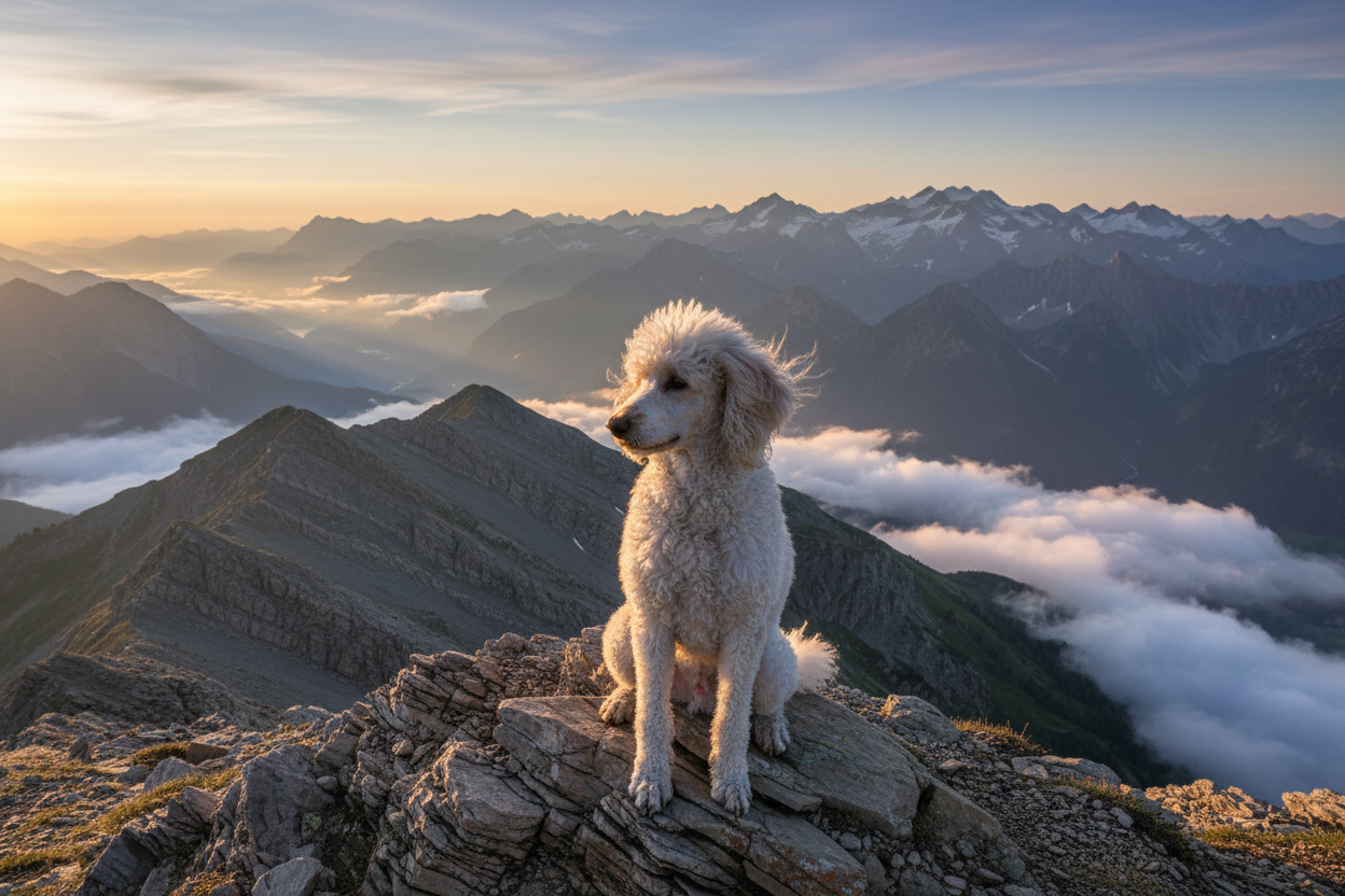 poodle sitting on mountain top enjoying the view