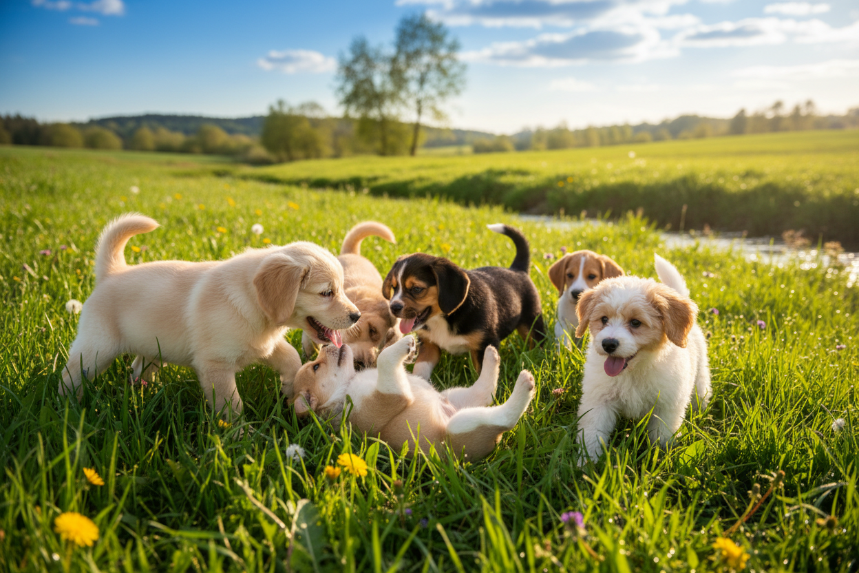 puppies playing in the grass